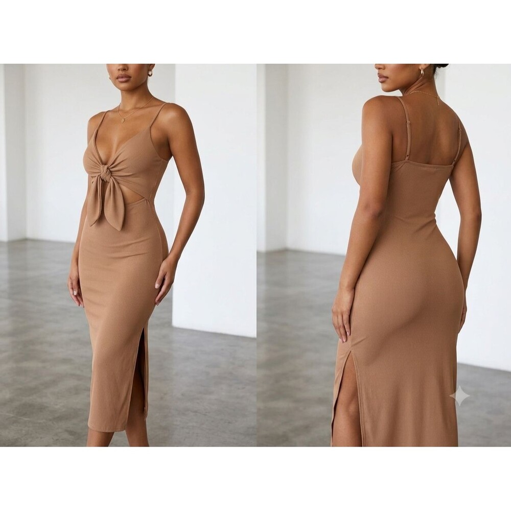Women's Shein Ribbed Knot Front Bodycon Maxi Dress - Camel Small
